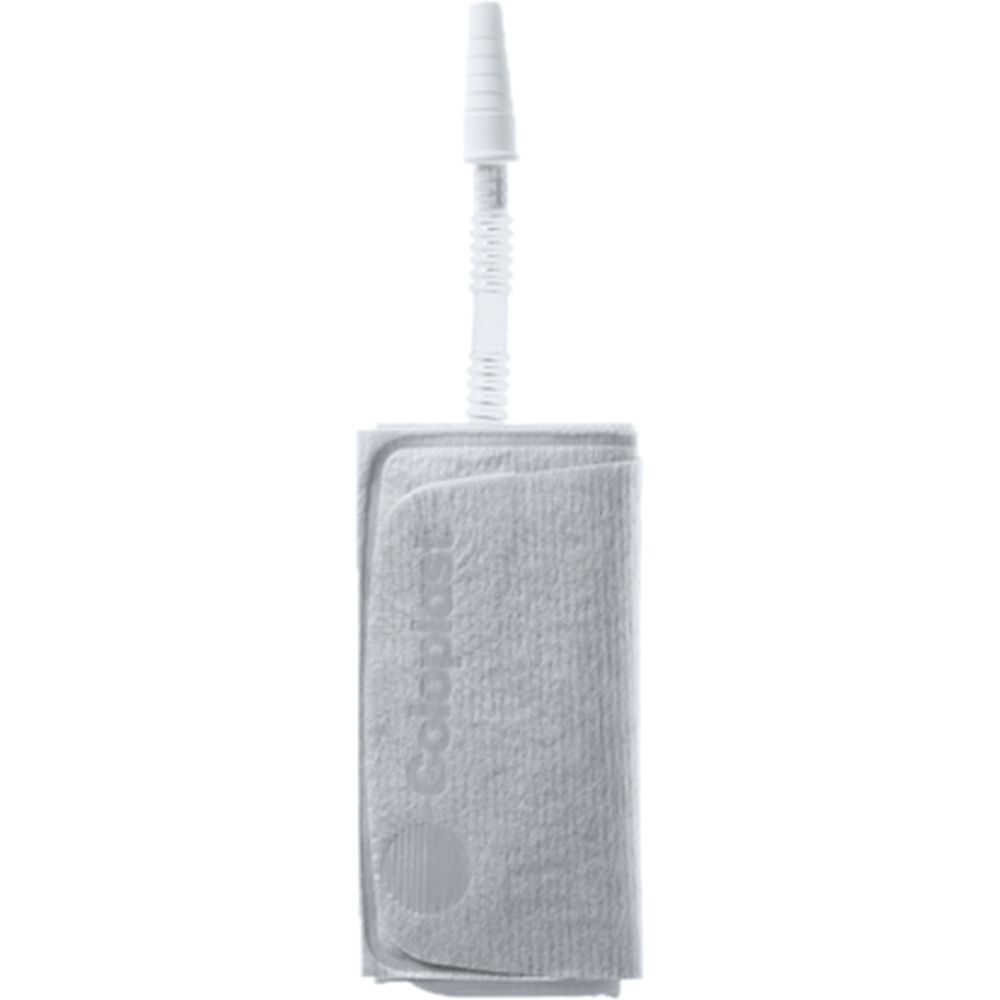 Poche à urine rectangulaire grise avec tube blanc. La marque Coloplast est visible.