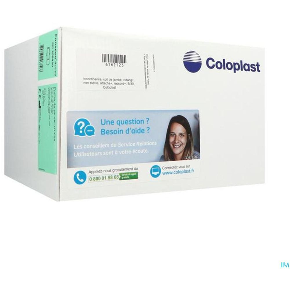 Boîte blanche avec logo Coloplast. Contient des informations sur le produit et une section questions-réponses.