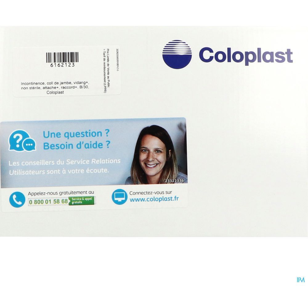 Feuille blanche avec logo Coloplast et informations de contact. Contient des informations sur le produit et une section questions-réponses.