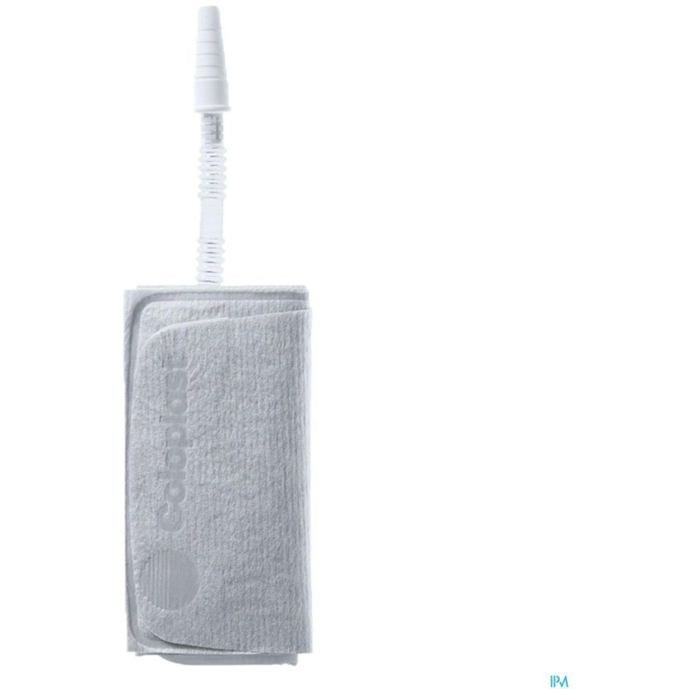 Poche à urine rectangulaire grise avec tube blanc. La marque Coloplast est visible.