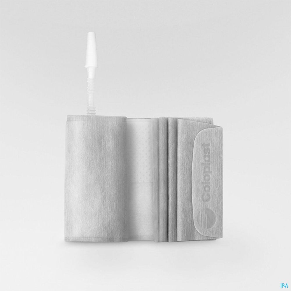 Poche à urine rectangulaire grise avec tube blanc. La marque Coloplast est visible.