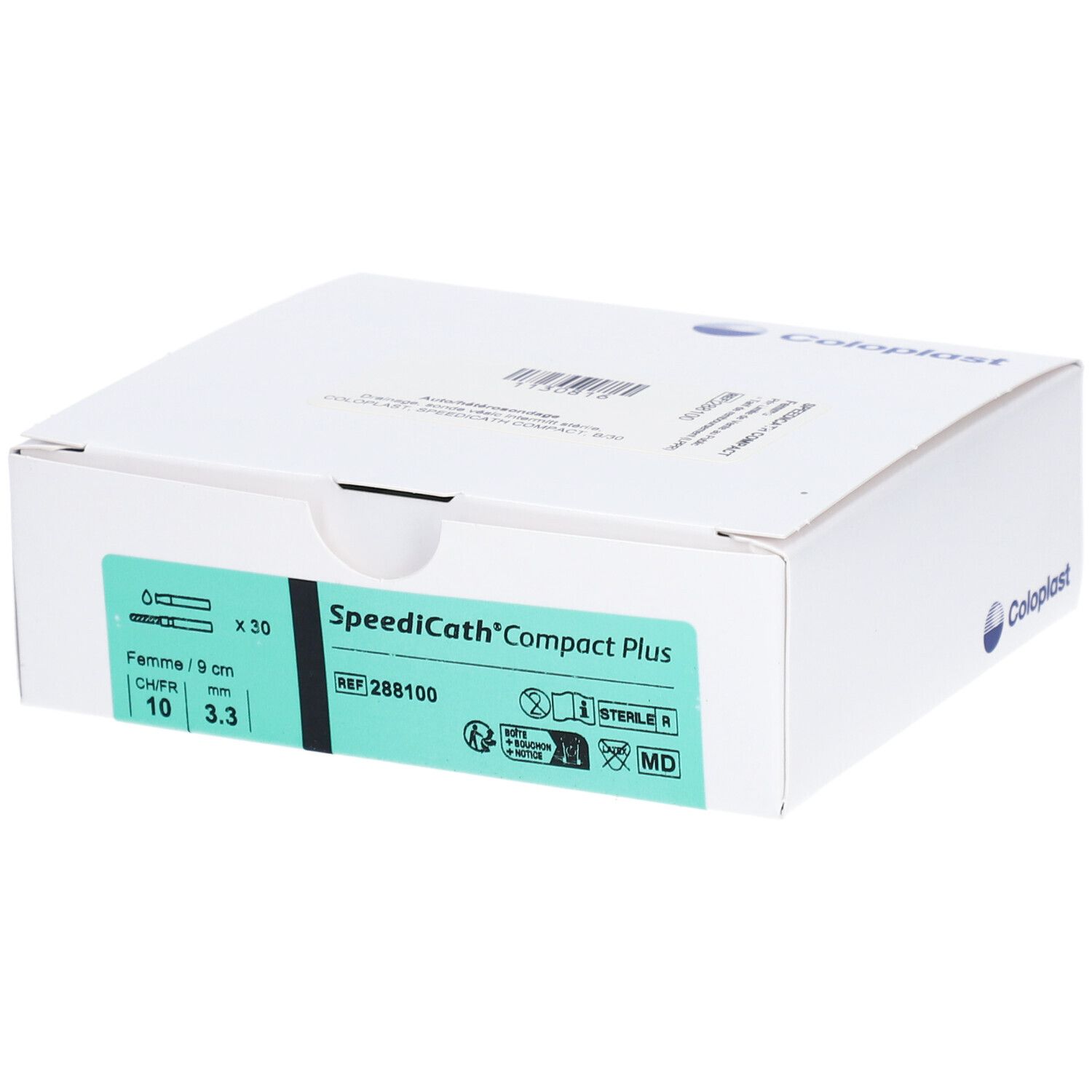 Boîte blanche avec informations produit. Inscription: SpeediCath Compact Plus, Coloplast. Détails verts.