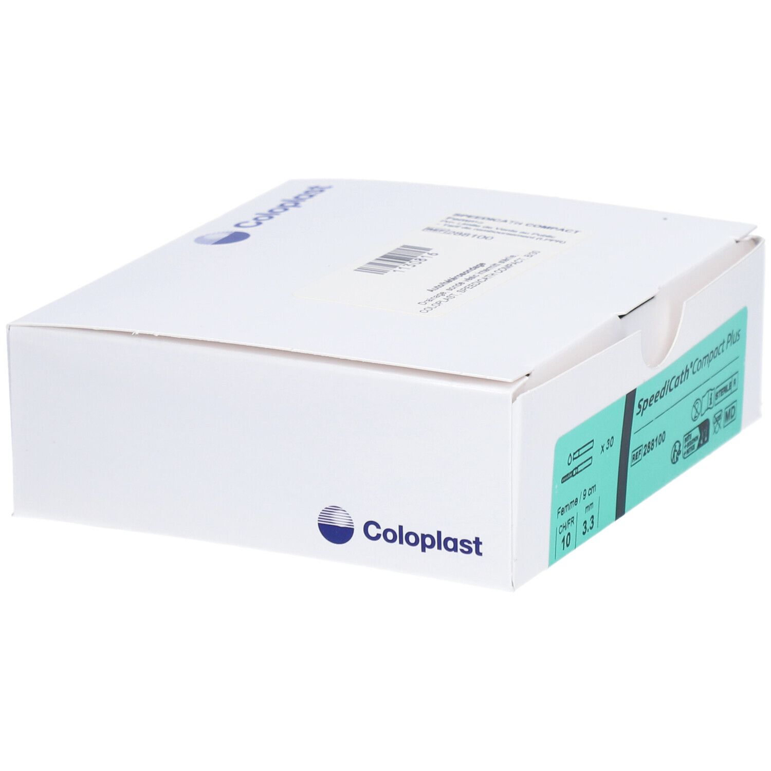 Boîte blanche avec informations produit. Inscription: SpeediCath Compact Plus, Coloplast. Détails verts.