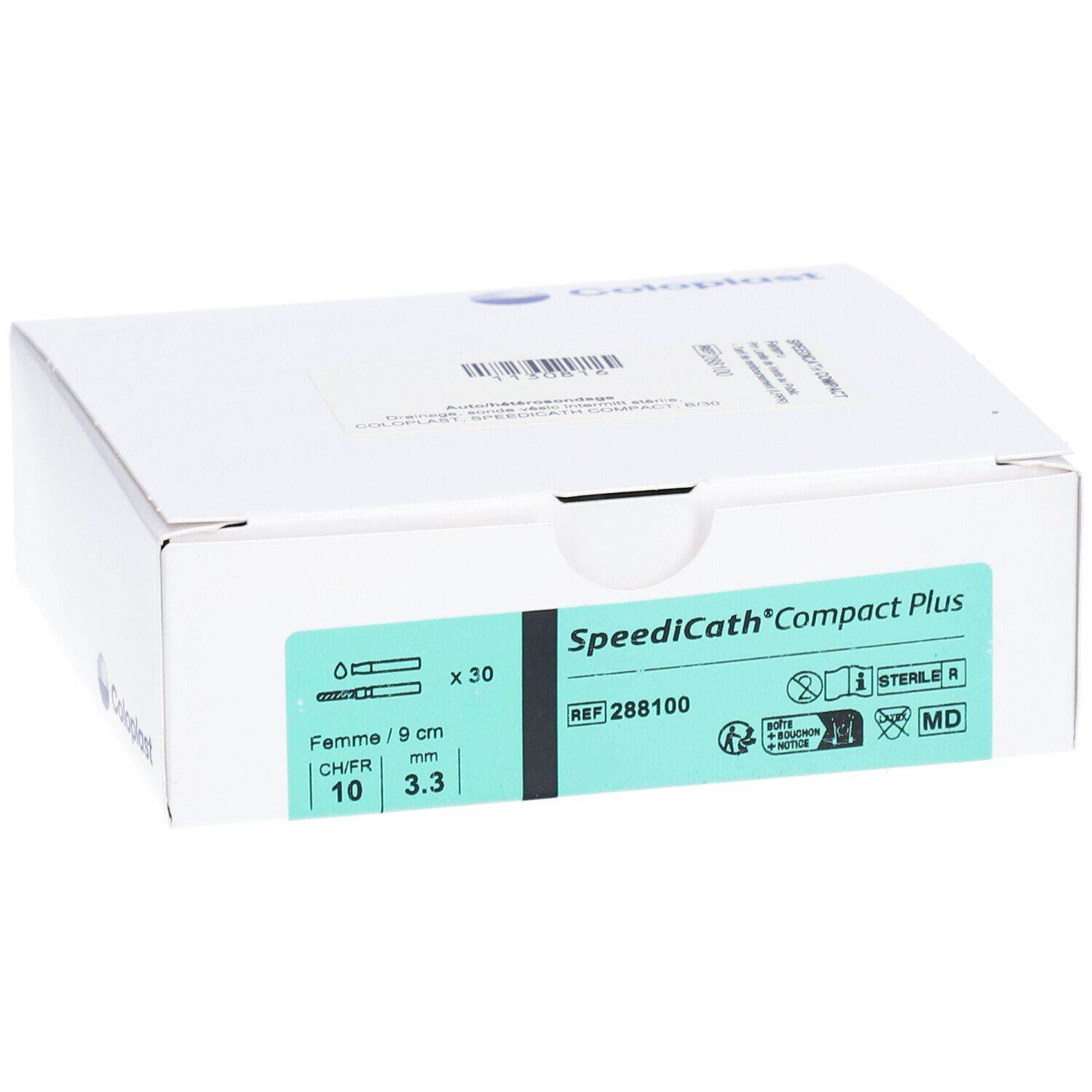 Boîte blanche avec informations produit. Inscription: SpeediCath Compact Plus, Coloplast. Détails verts.