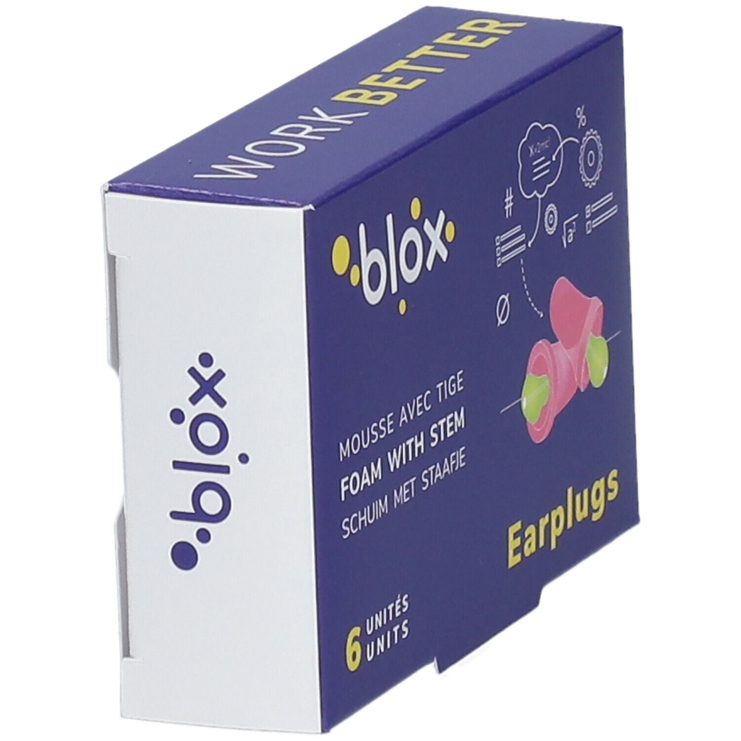 Boîte blox, angle. Inscription: Work Better, 6 unités, Earplugs. Bouchons d'oreille roses et verts.