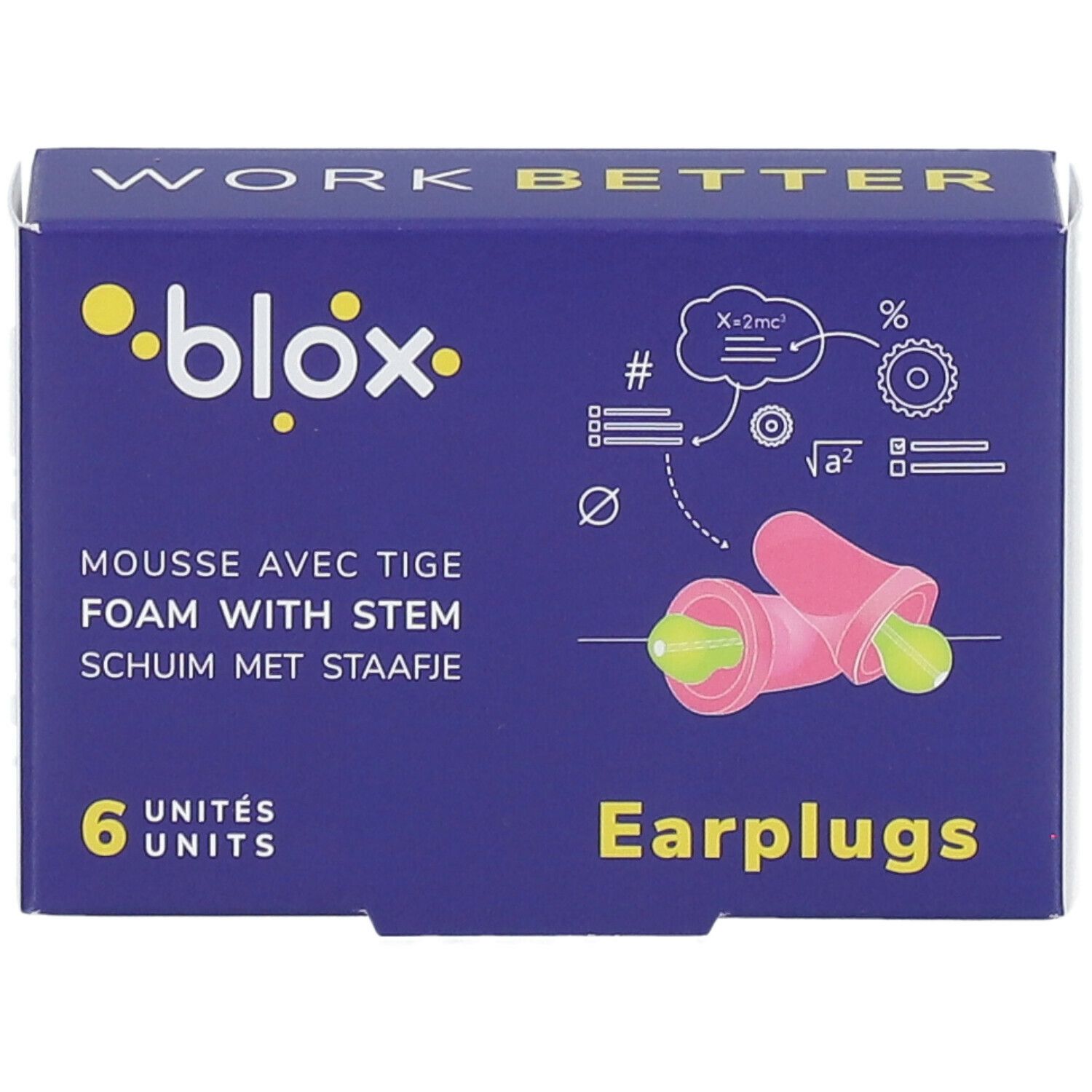 Boîte de protections auditives blox, 6 unités. Bouchons d'oreille roses et verts, avec tige. Inscription: Mousse avec tige.