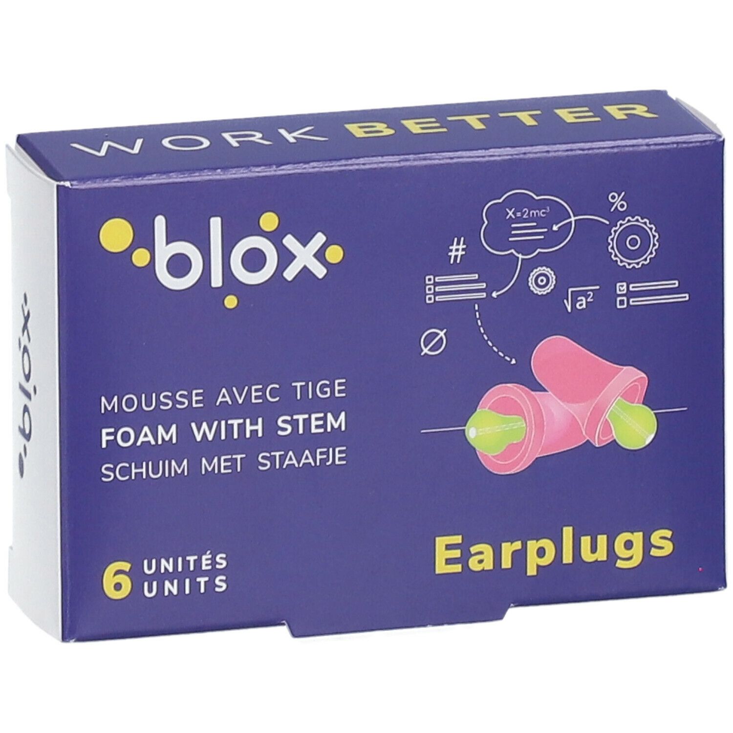 Boîte de protections auditives blox, 6 unités. Bouchons d'oreille roses et verts, avec tige. Inscription: Mousse avec tige.