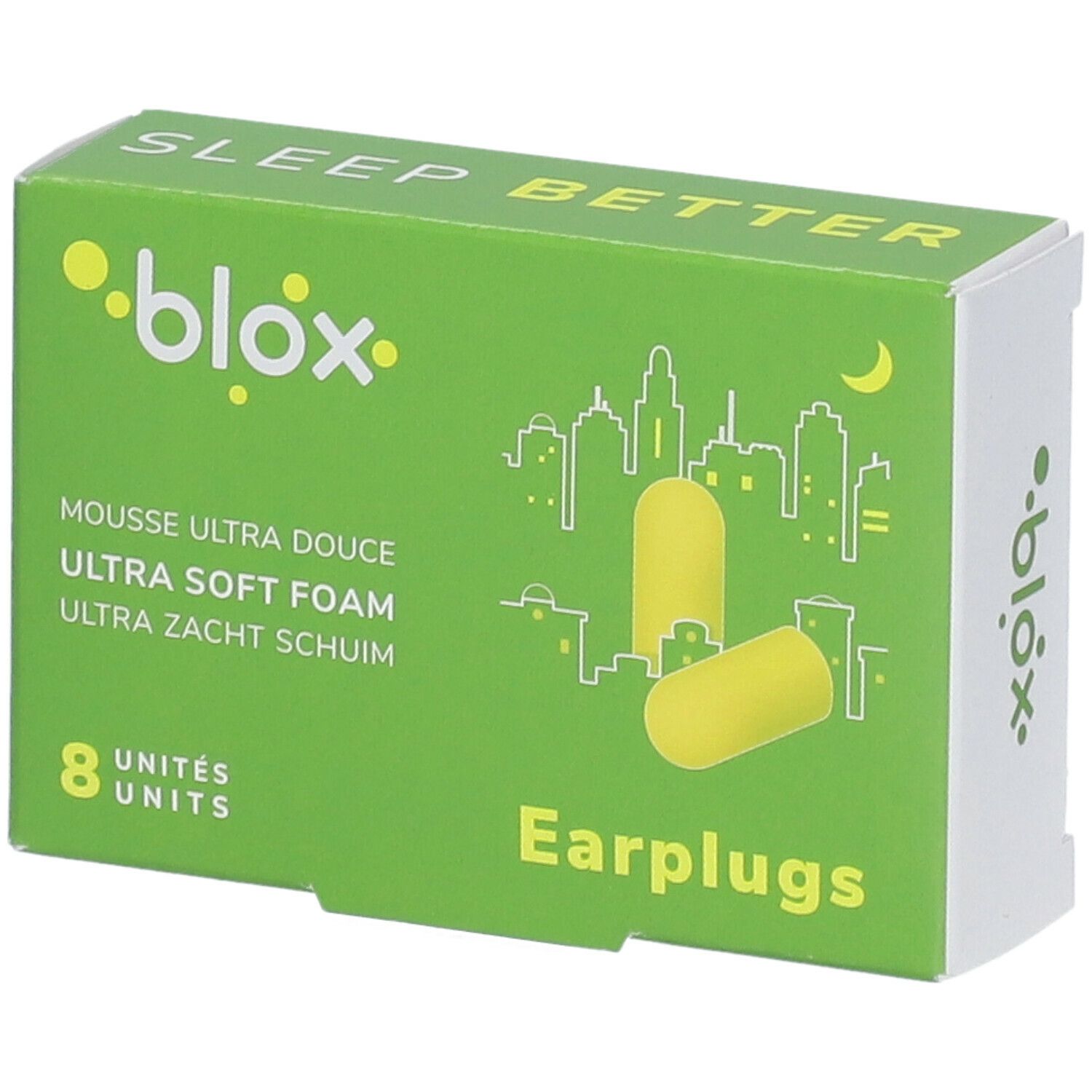 Boîte verte avec bouchons d'oreille jaunes. Texte: blox, Sleep Better, 8 unités, Earplugs. Mousse conique.