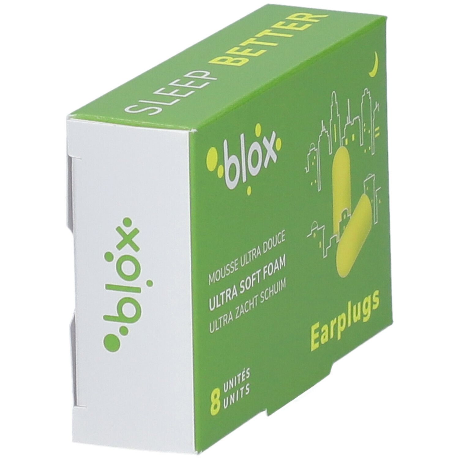 Boîte verte avec bouchons d'oreille jaunes. Texte: blox, Sleep Better, Earplugs. Mousse conique.