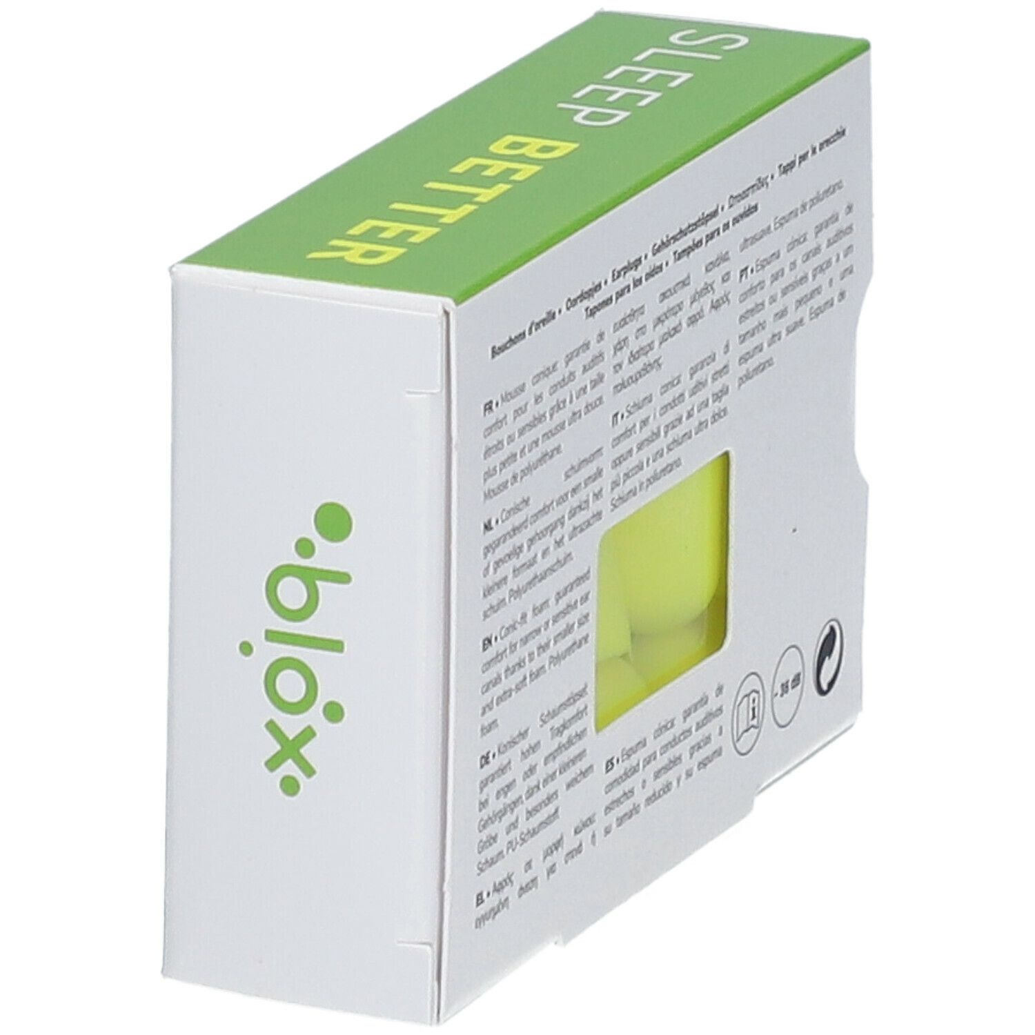 Boîte avec texte multilingue. Bouchons d'oreille jaunes visibles. Texte: blox, Sleep Better, -36 dB.