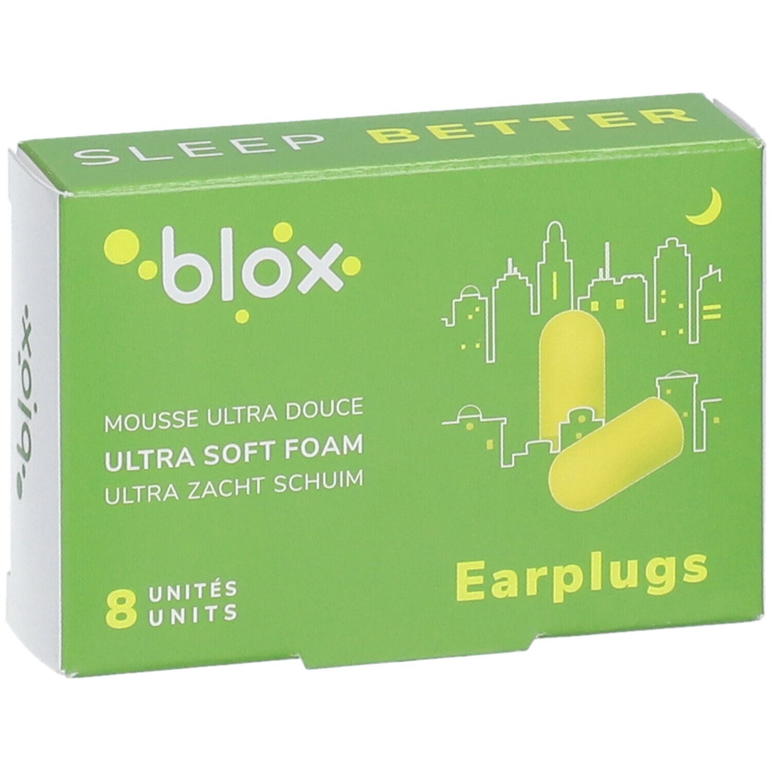 Boîte verte avec bouchons d'oreille jaunes. Texte: blox, Sleep Better, 8 unités, Earplugs. Mousse conique.