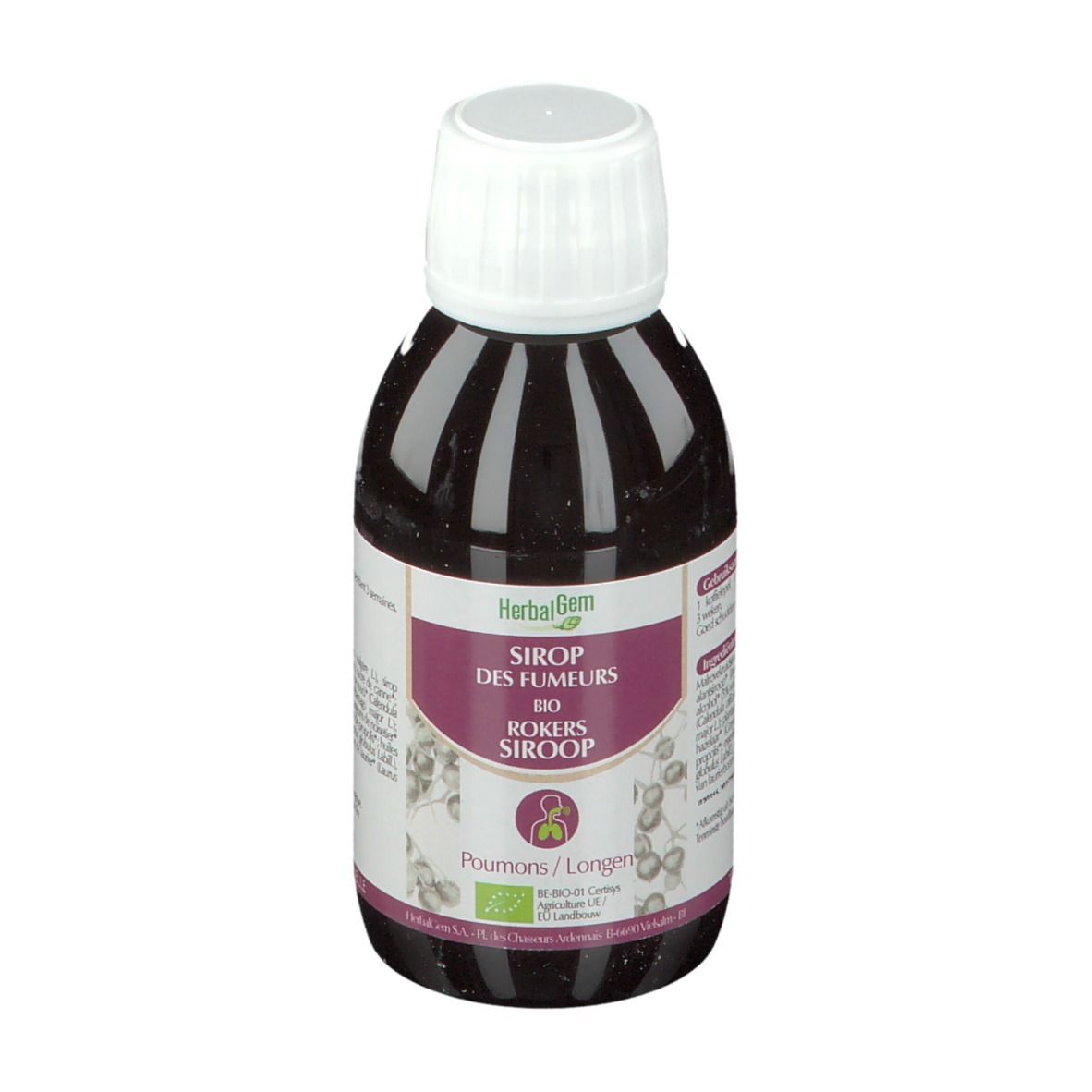 Bouteille de liquide brun avec bouchon blanc. Étiquette avec nom du produit et logo.