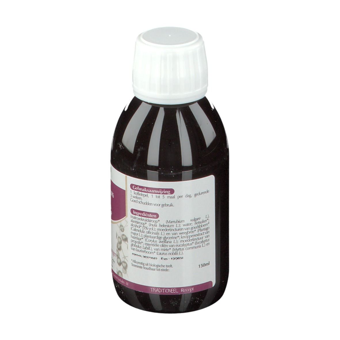 Dos d'une bouteille de liquide brun. Étiquette avec texte et bouchon blanc.