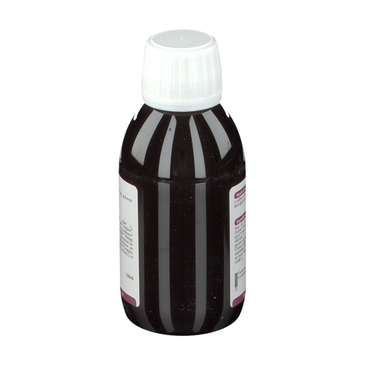 Bouteille de liquide brun avec bouchon blanc. Étiquette sur le côté.