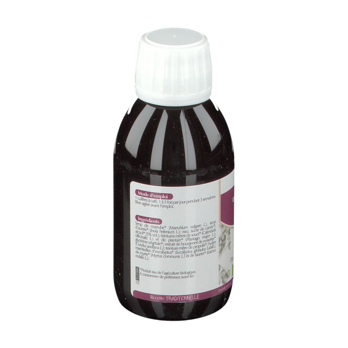 Dos d'une bouteille de liquide brun. Étiquette avec texte et bouchon blanc.