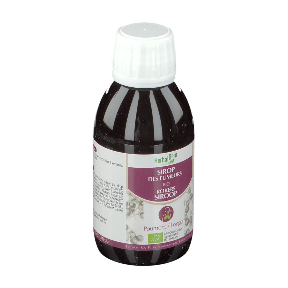 Bouteille de liquide brun avec bouchon blanc. Étiquette avec nom du produit et logo.