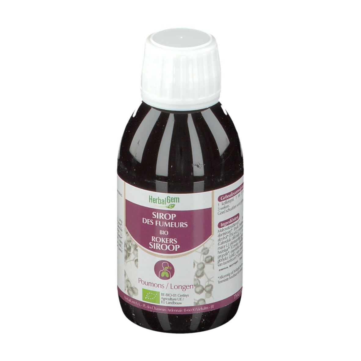 Bouteille de liquide brun avec bouchon blanc. Étiquette avec nom du produit et logo.