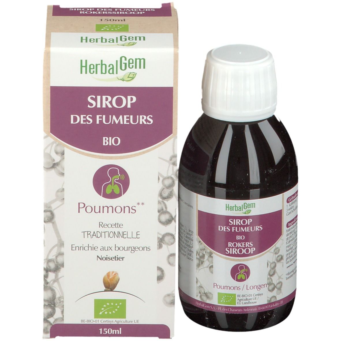 Bouteille et boîte. Bouteille de liquide brun, bouchon blanc. Boîte avec texte et logo.