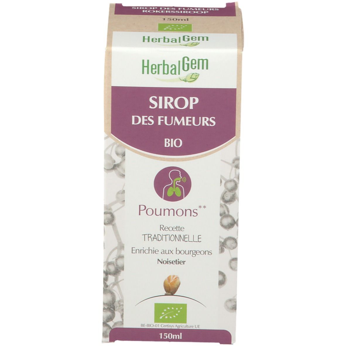 Boîte avec texte et logo. Illustration d'un poumon sur la boîte.