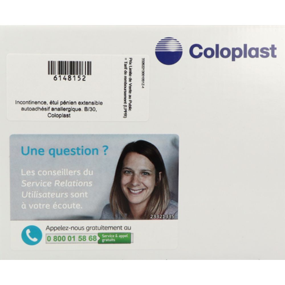 Emballage Coloplast avec texte et logo. Autocollants avec code-barres et coordonnées. Femme souriante.
