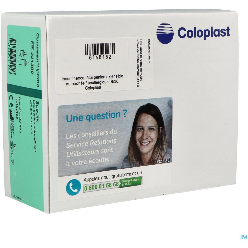 Boîte CONVEEN OPTIMA SPECIFIC. Texte et logo Coloplast. Code-barres et coordonnées. Femme souriante.