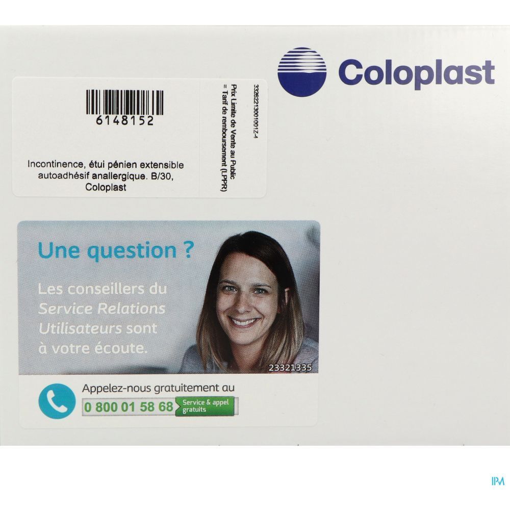Emballage Coloplast avec texte et logo. Autocollants avec code-barres et coordonnées. Femme souriante.