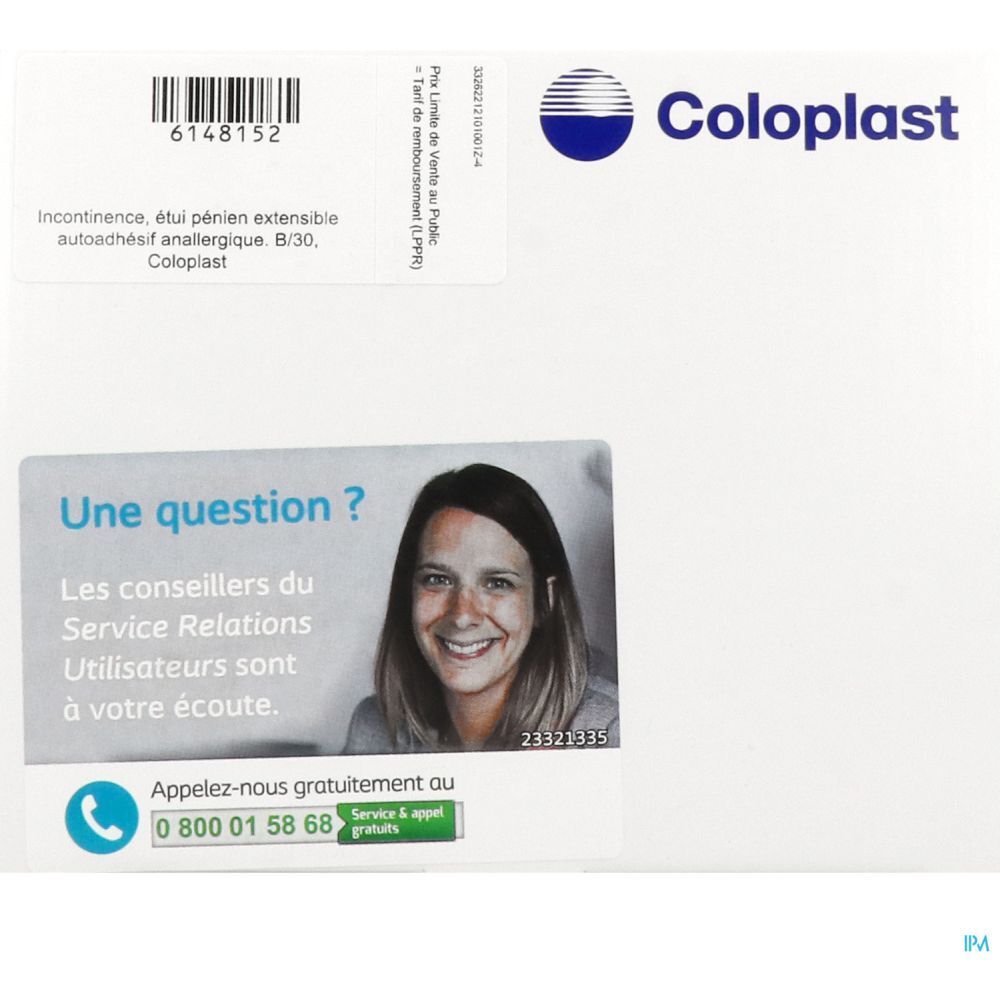 Emballage blanc Coloplast. Autocollant avec numéro de téléphone et visage de femme souriante.