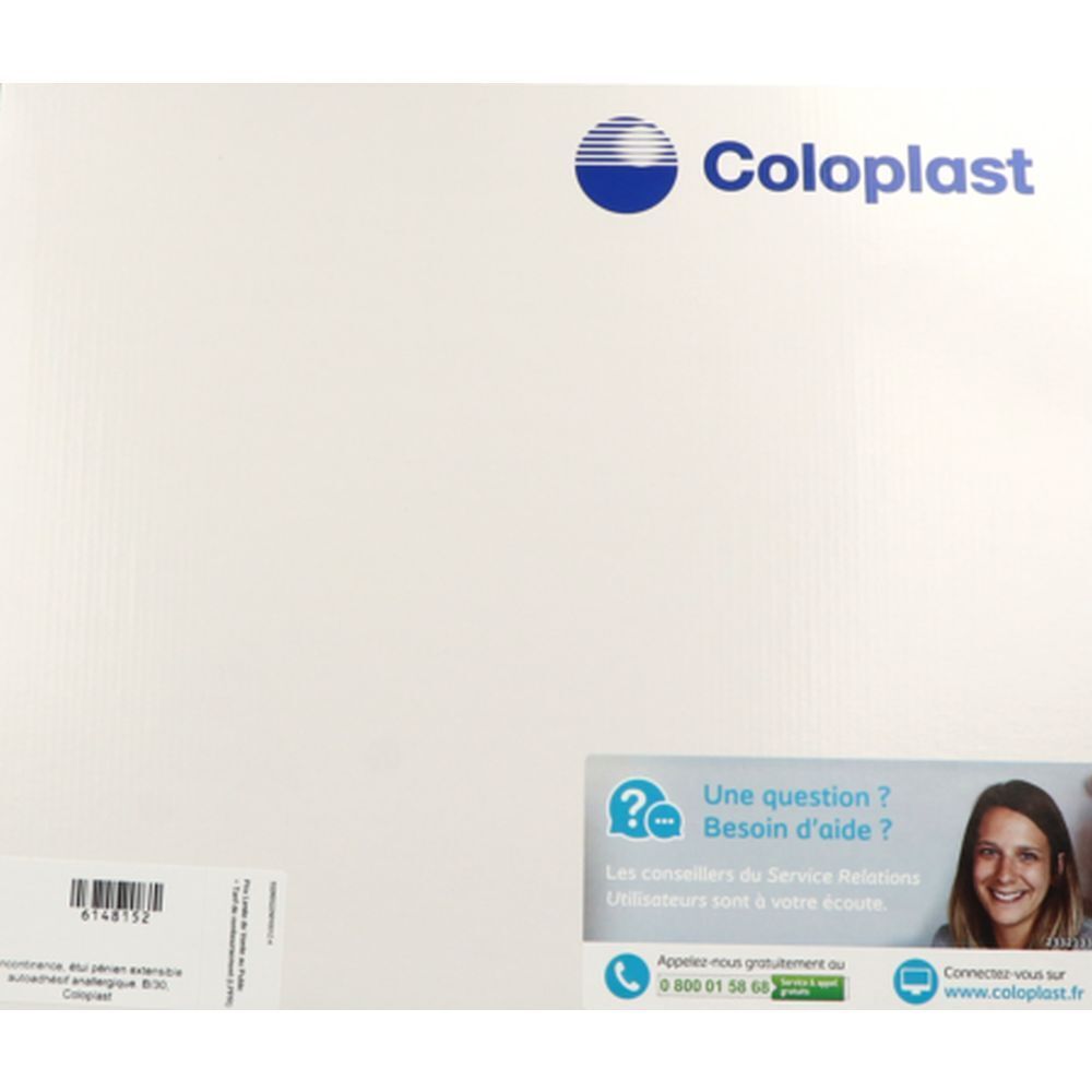 Emballage blanc avec logo Coloplast et informations de contact. Autocollant avec point d'interrogation et femme.