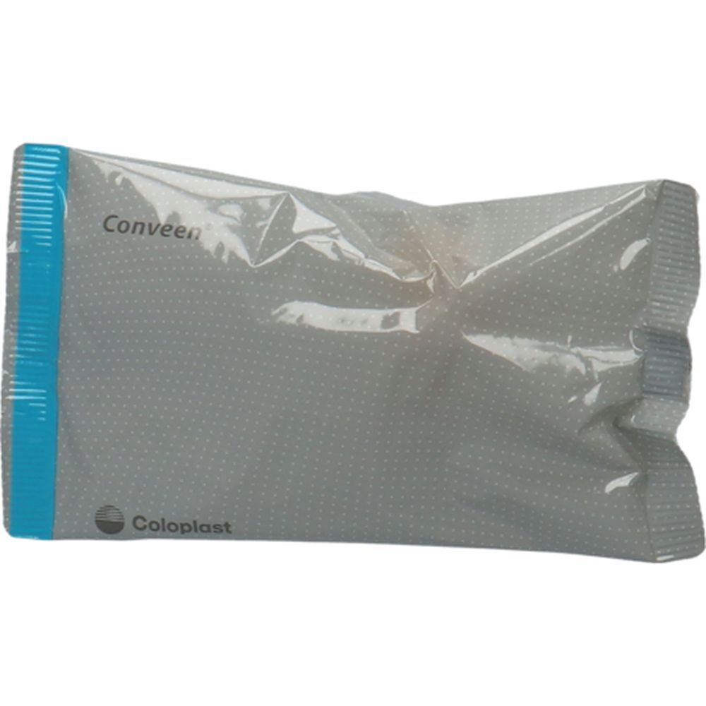 Emballage individuel d'un produit médical. Film gris avec bande bleue et logo Coloplast. Inscription Conveen.