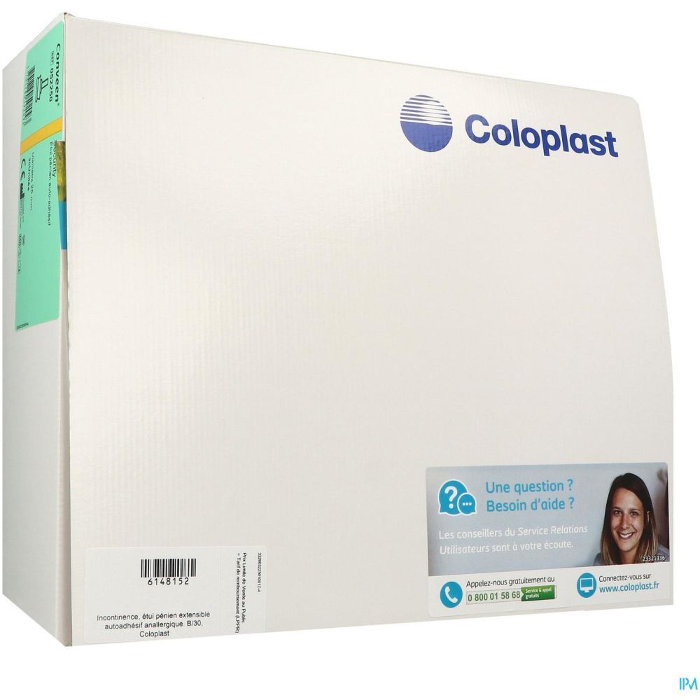 Emballage produit blanc avec logo Coloplast et informations de contact. Autocollant avec point d'interrogation et femme.