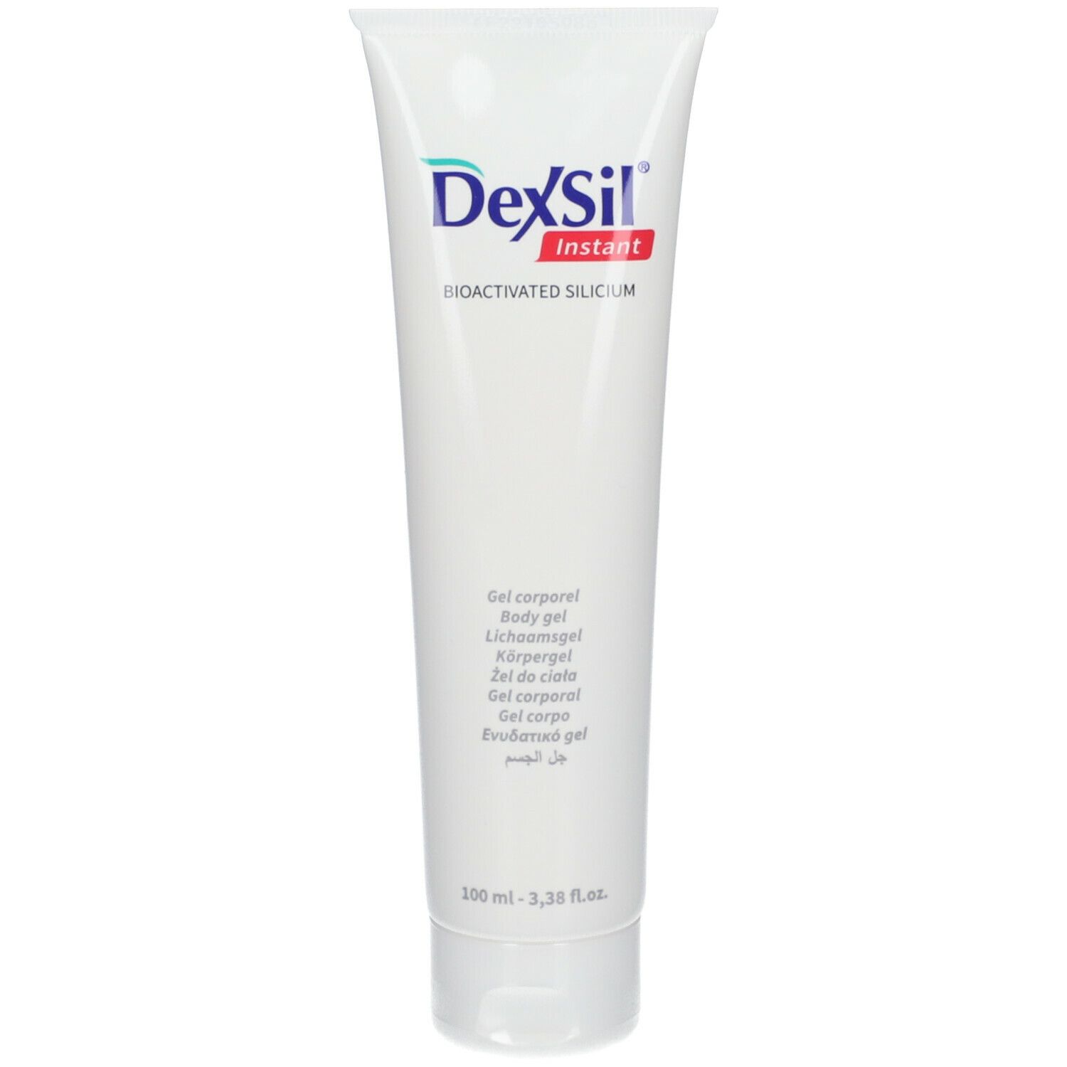 Tube de gel blanc DexSil. Texte: Bioactivated Silicium, Gel corporel, 100 ml.