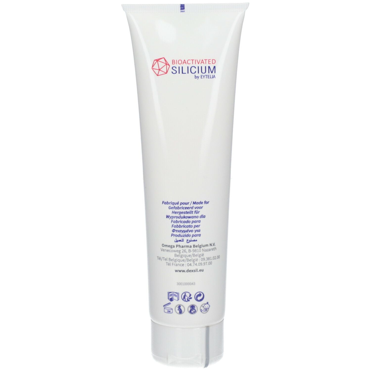 Dos d'un tube de gel blanc. Texte: Bioactivated Silicium, informations fabricant, logos.