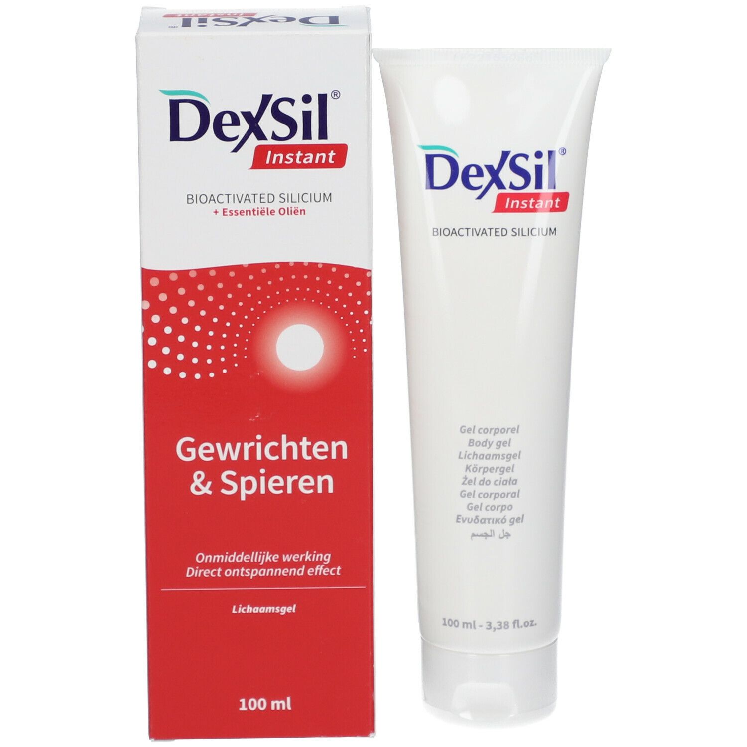 Emballage et tube de gel. Emballage rouge et blanc avec logo DexSil. Texte: Gewrichten & Spieren, 100 ml.