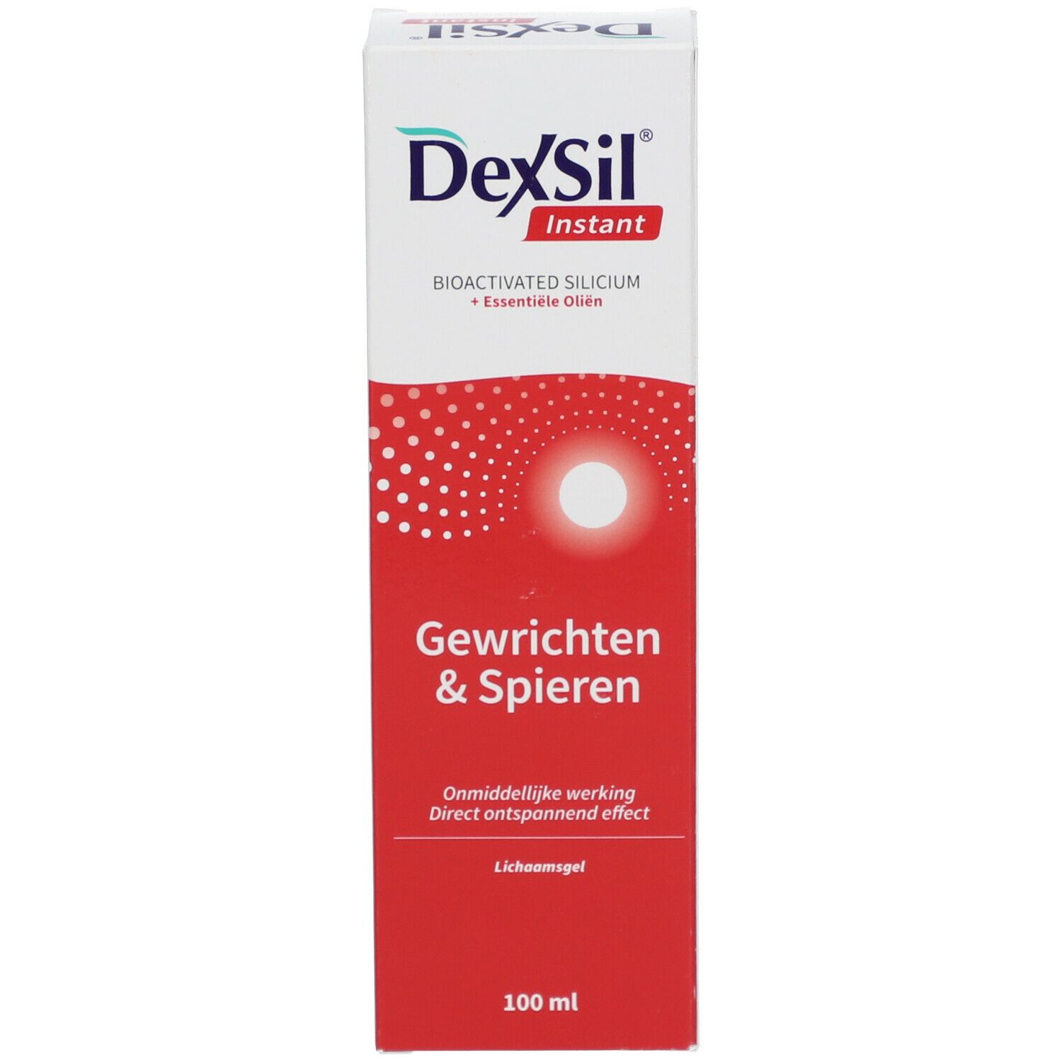 Emballage produit rouge et blanc. Logo DexSil. Texte: Gewrichten & Spieren, 100 ml.