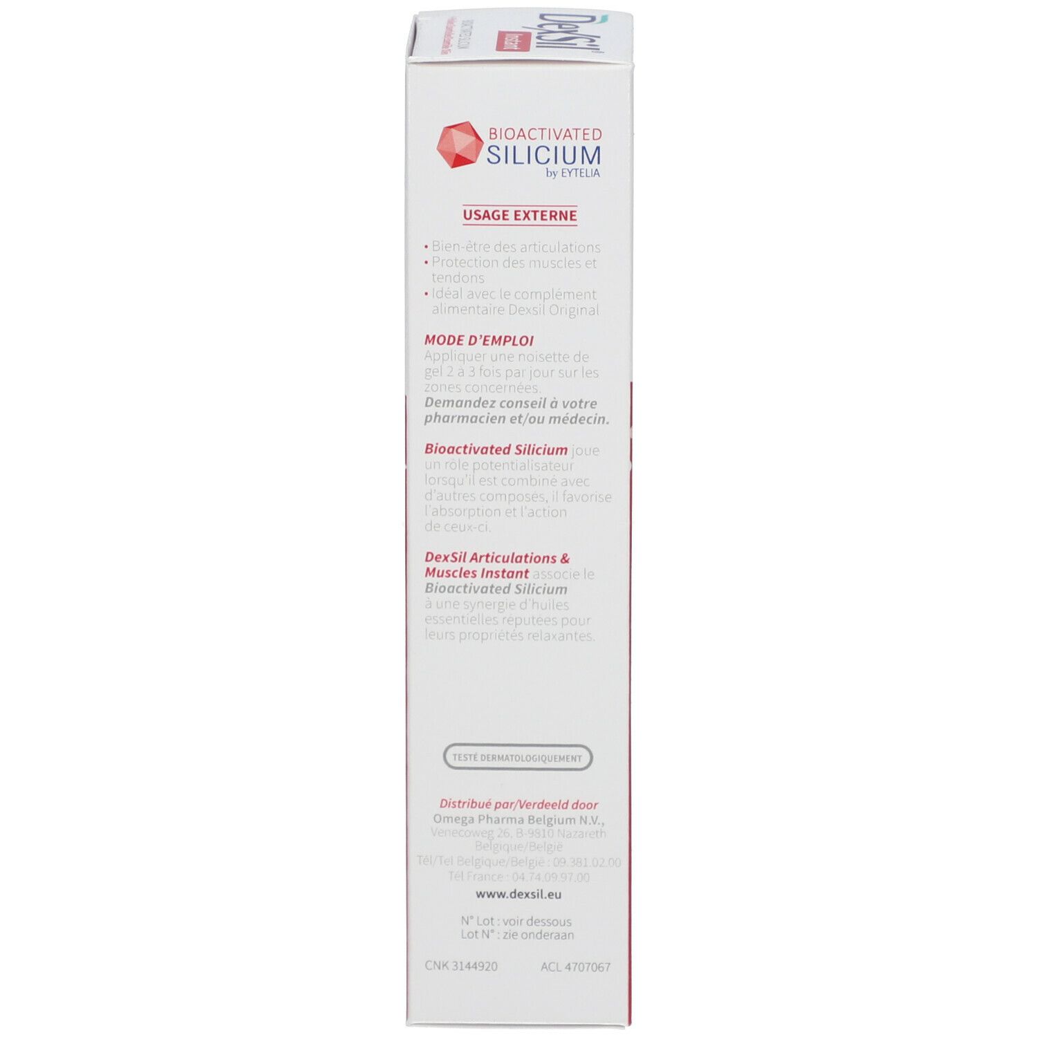 Côté de l'emballage du produit. Texte: DexSil, Bioactivated Silicium, mode d'emploi, usage externe.