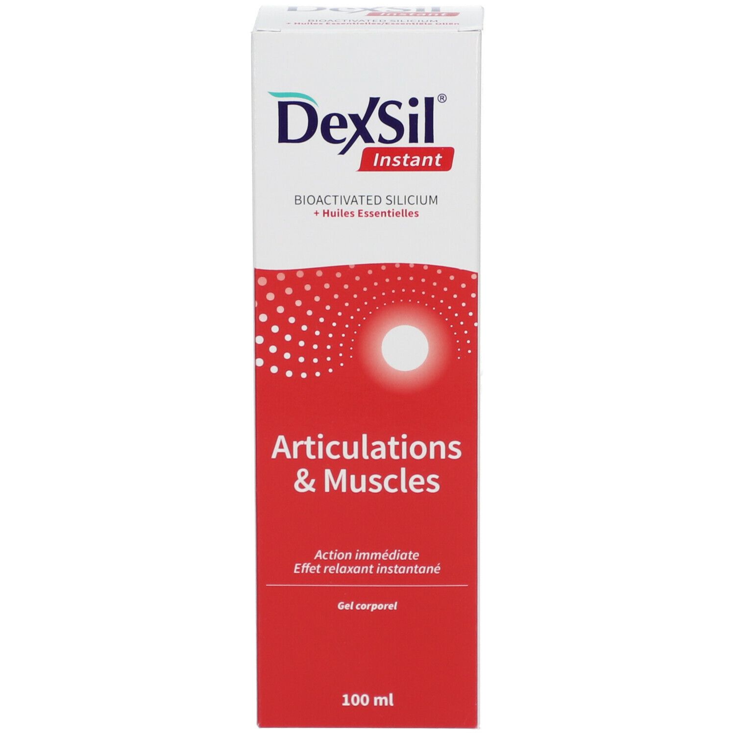 Côté de l'emballage du produit. Logo DexSil. Texte: Articulations & Muscles, 100 ml, Gel corporel.