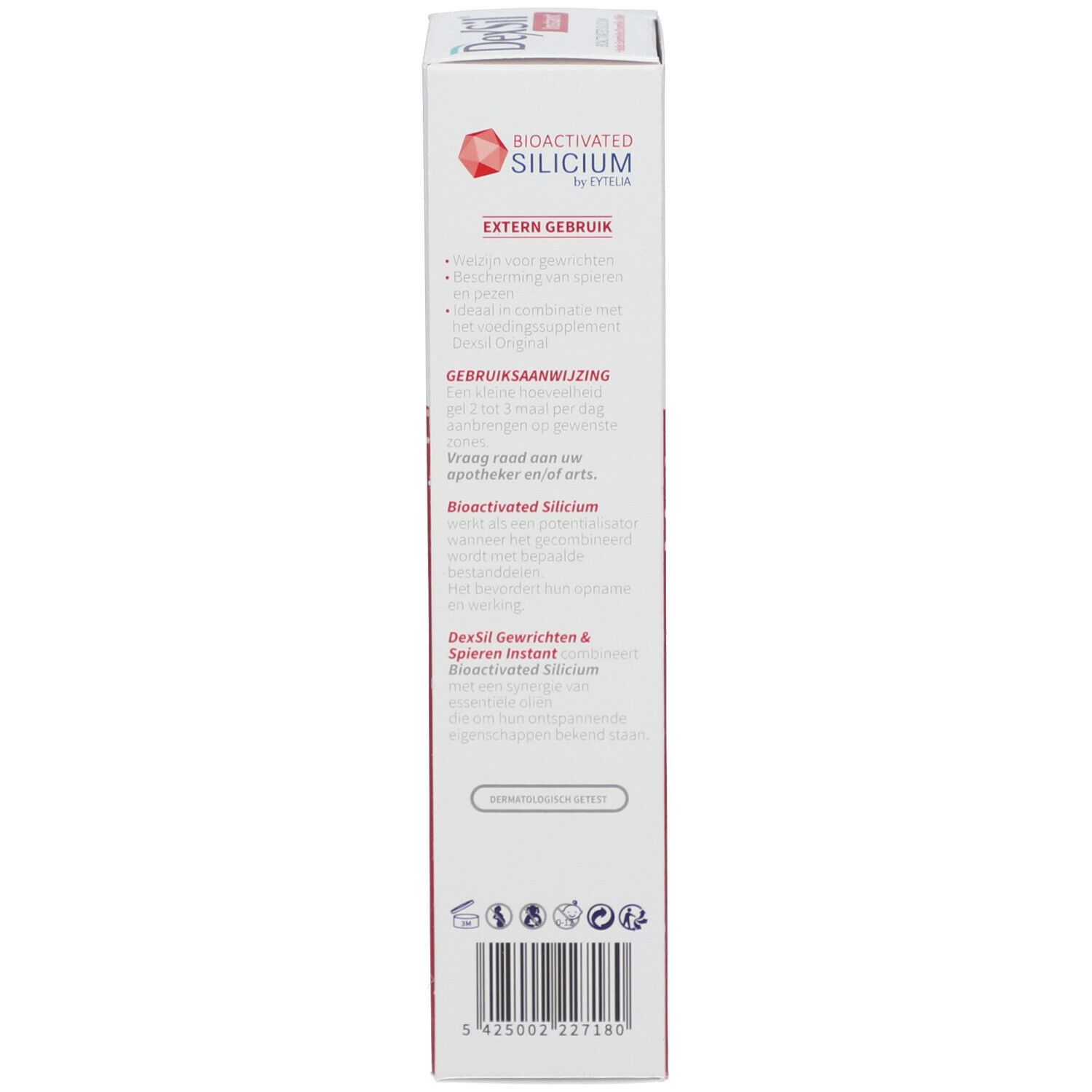 Dos de l'emballage du produit. Texte: DexSil, mode d'emploi, usage externe, logos.