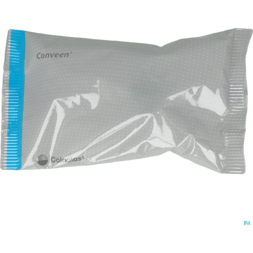 Emballage individuel transparent avec nom Conveen et logo Coloplast. Ligne bleue.