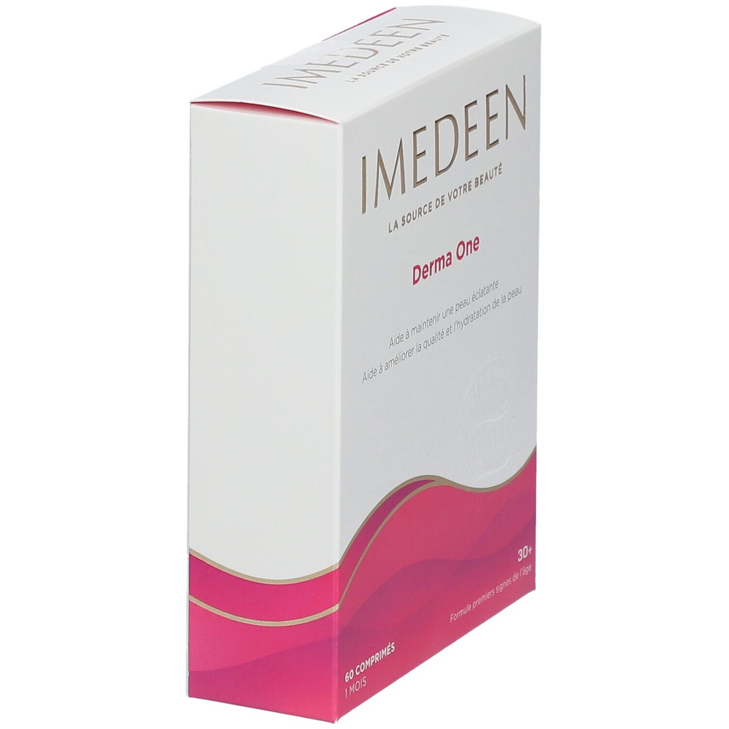 Boîte "IMEDEEN Derma One". Blanc avec accents roses. Vue latérale. Texte: "Aide à maintenir une peau éclatante".