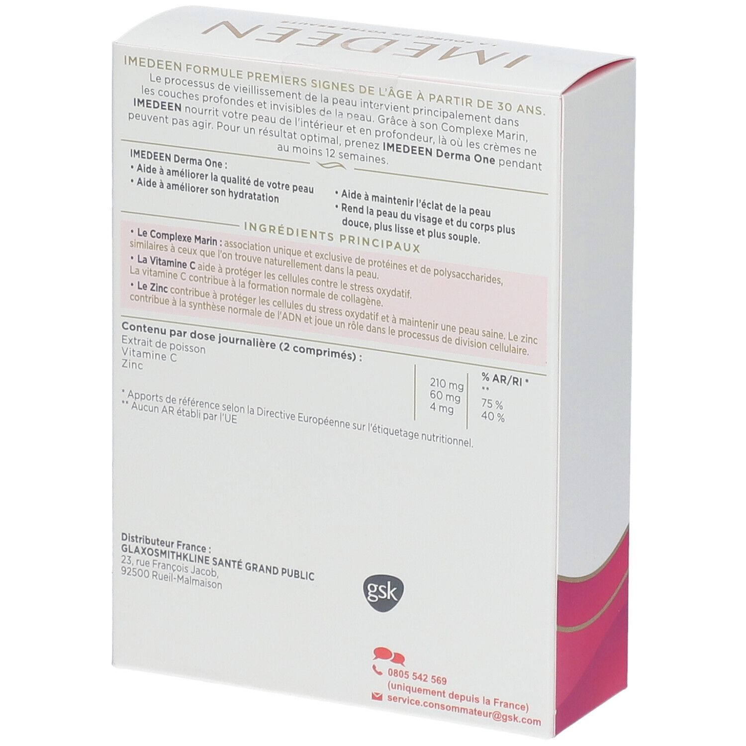 Dos de la boîte "IMEDEEN Derma One". Contient des informations sur les ingrédients et la valeur nutritionnelle. Logo GSK.