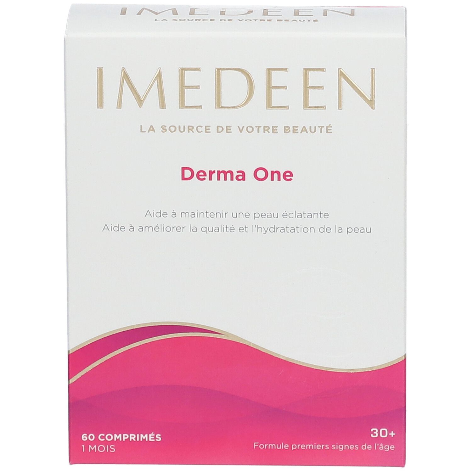 Boîte "IMEDEEN Derma One". Blanc avec design rose. Texte: "Aide à maintenir une peau éclatante". 60 comprimés.