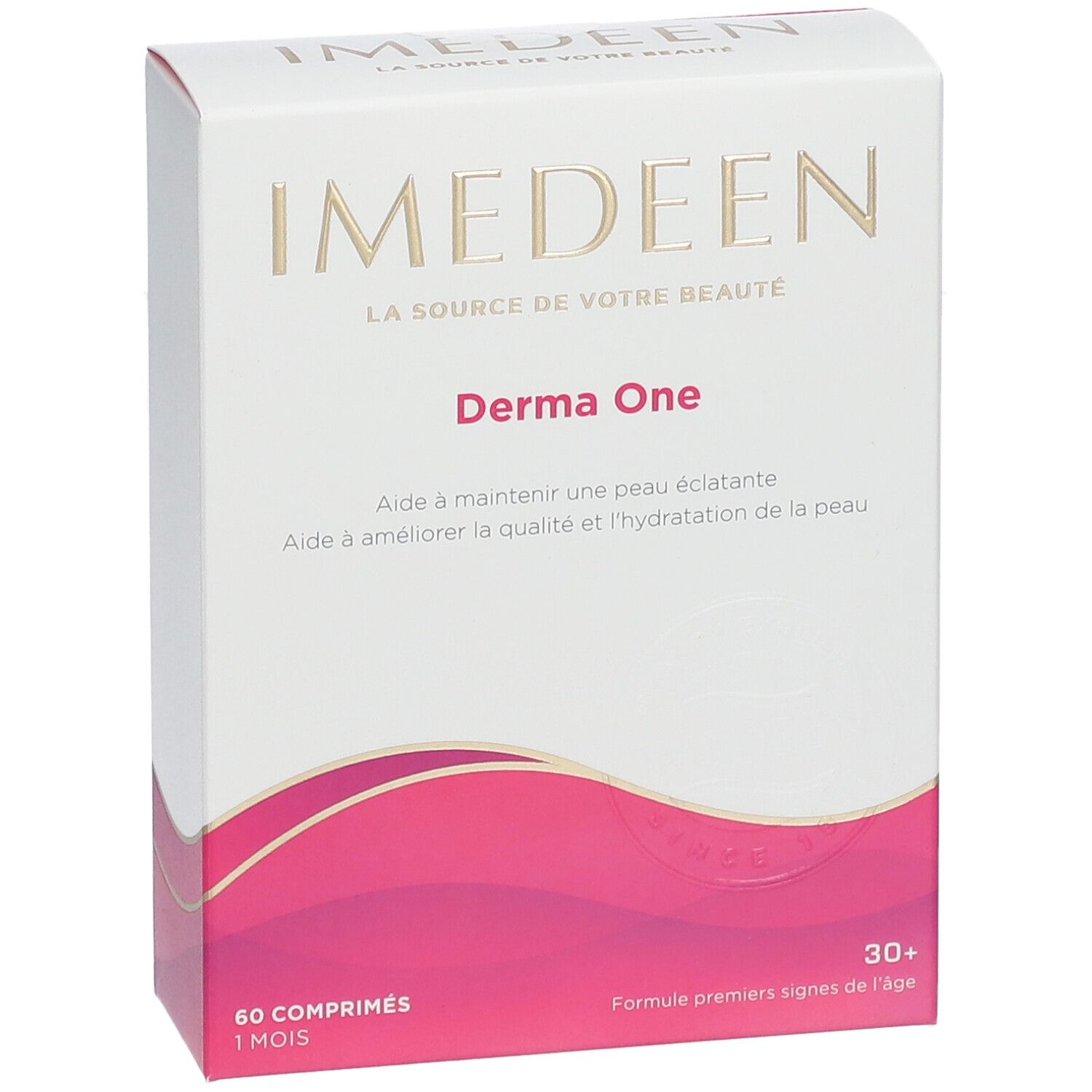 Boîte "IMEDEEN Derma One". Blanc avec design rose. Texte: "Aide à maintenir une peau éclatante". 60 comprimés.