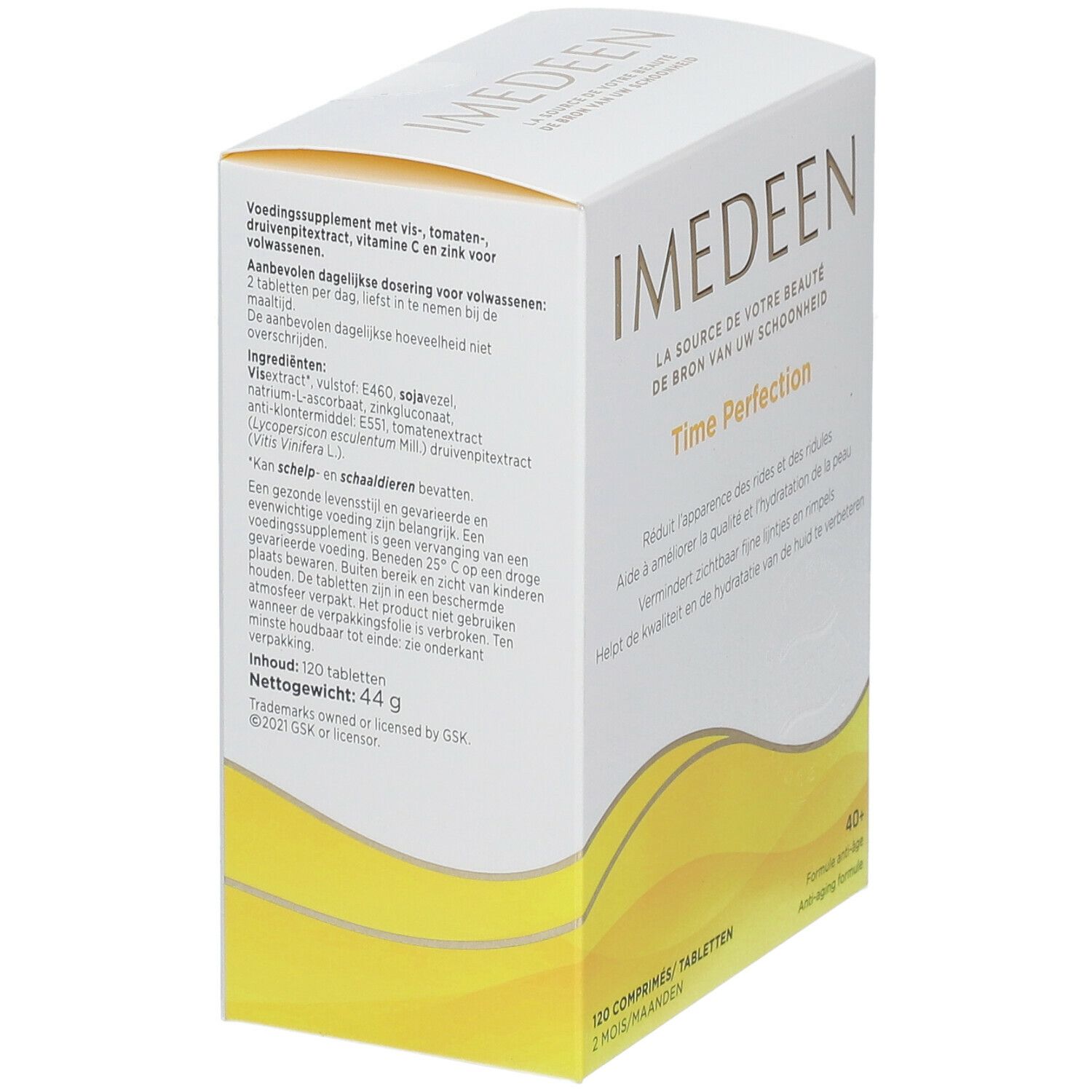 Boîte blanche avec texte. Contient "IMEDEEN Time Perfection". Dos avec ingrédients et dosage. Motif vagues jaunes.