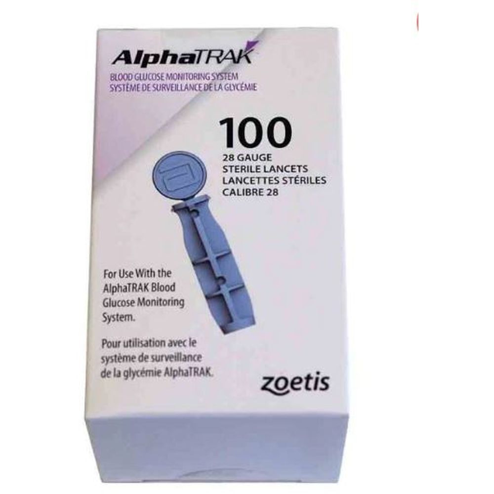 Boîte de lancettes AlphaTRAK. 100 unités, calibre 28. Lancette bleue visible. Logo Zoetis.