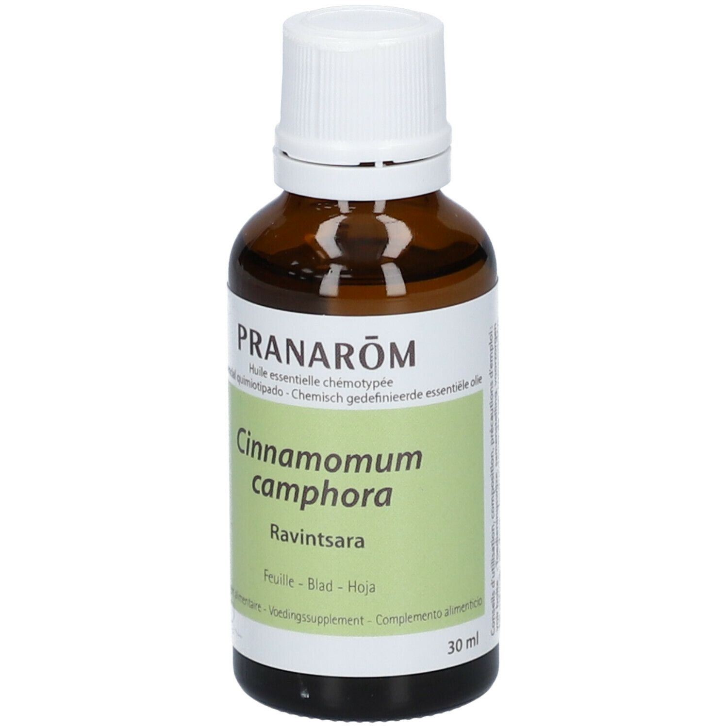 Flacon en verre brun avec bouchon blanc. Étiquette avec nom du produit et nom botanique. Marque : Pranarôm, 30 ml.