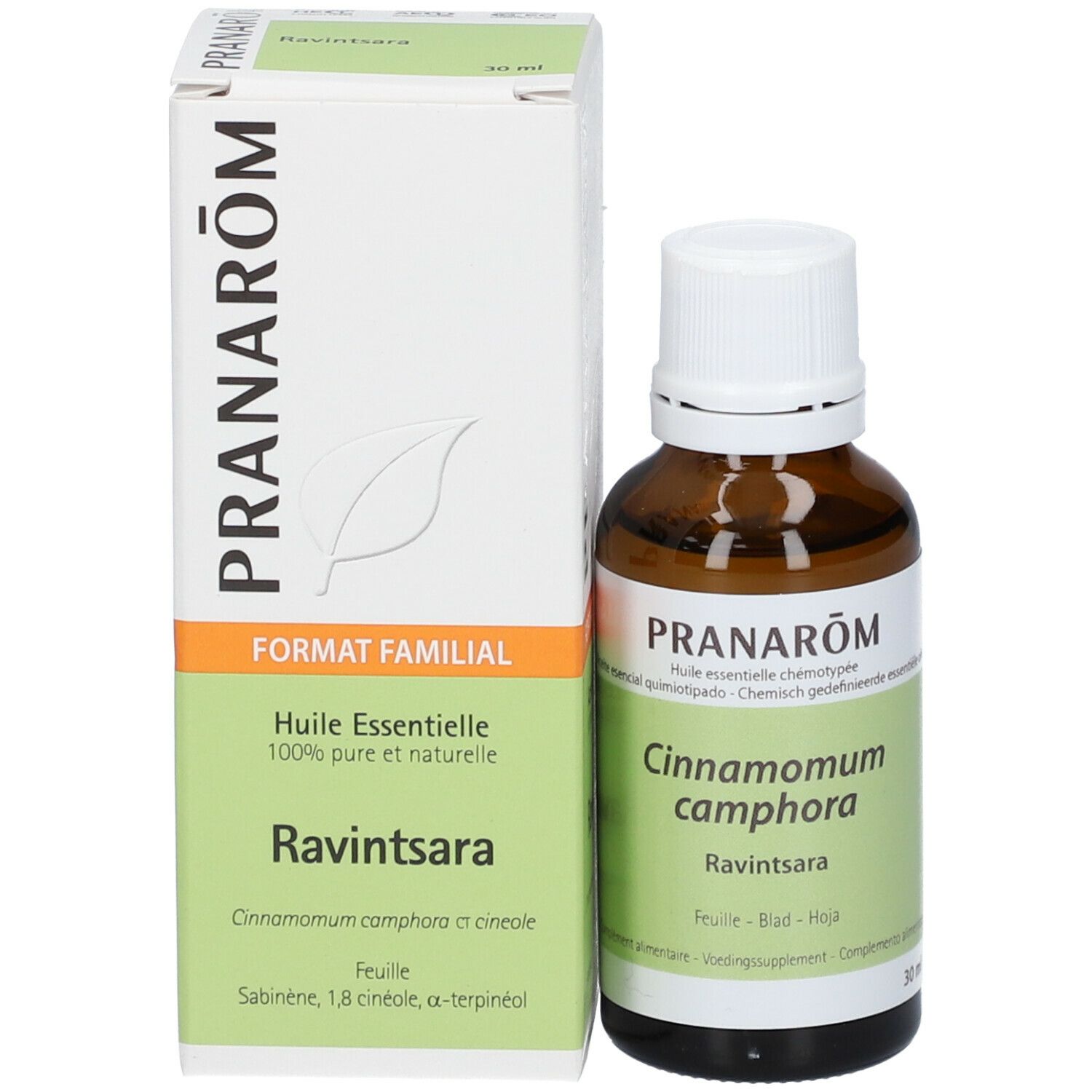 Flacon et emballage du produit. Flacon avec bouchon blanc, étiquette. Emballage avec nom du produit et marque : Pranarôm.