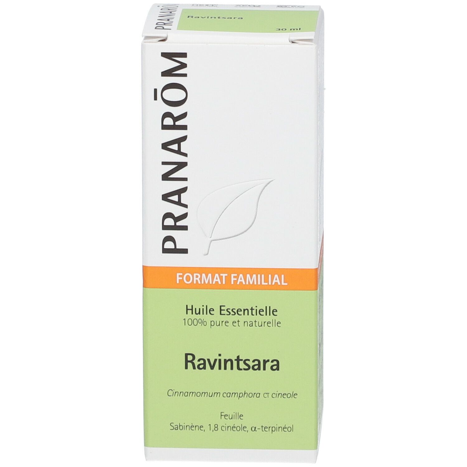 Emballage du produit. Boîte blanche avec nom du produit et marque : Pranarôm. Contient des informations et une description.