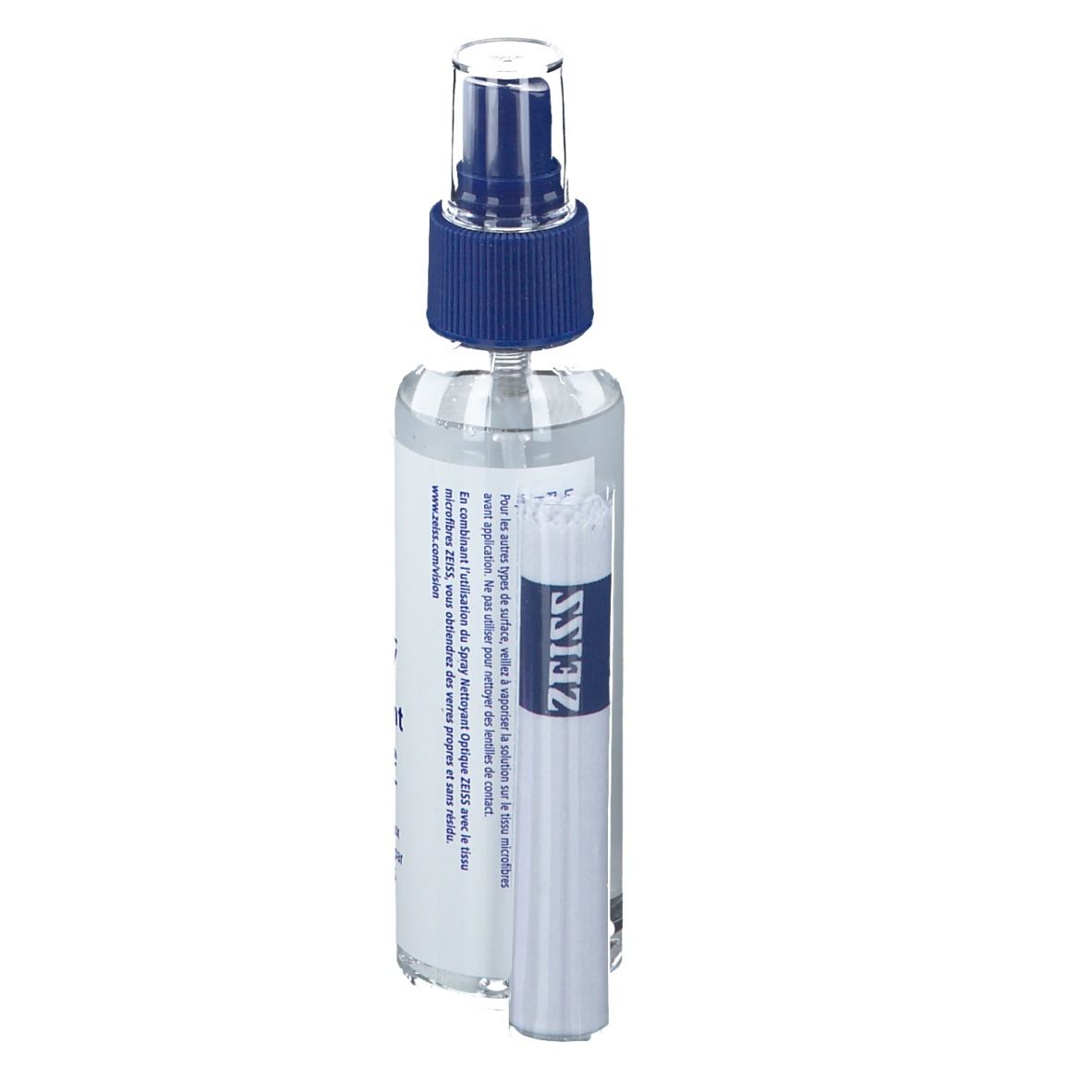 Spray nettoyant avec vaporisateur et chiffon microfibre. Inscription: ZEISS. Texte en français.