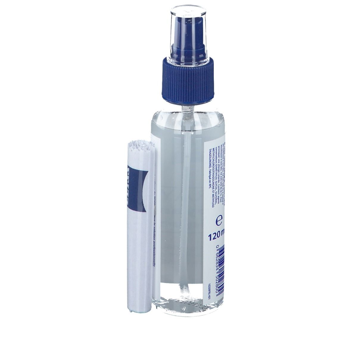 Spray nettoyant avec vaporisateur et chiffon microfibre. Inscription: 120 ml.