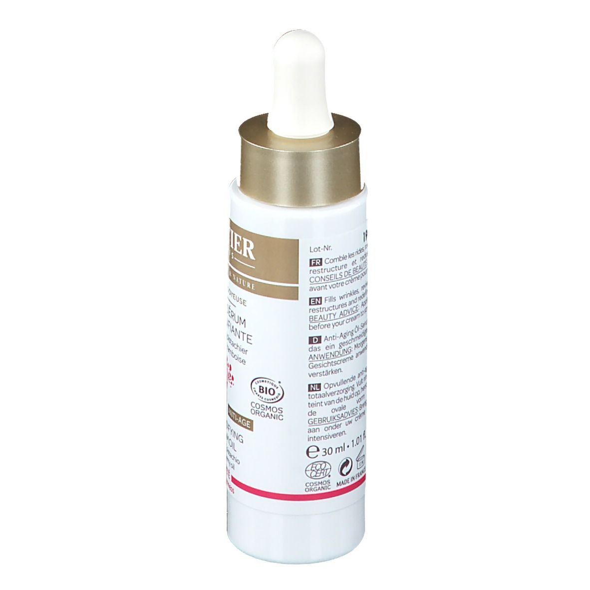 Vue arrière du flacon d'huile sérum. Étiquette blanche avec texte et certifications. Bouchon doré. Contient 30 ml.